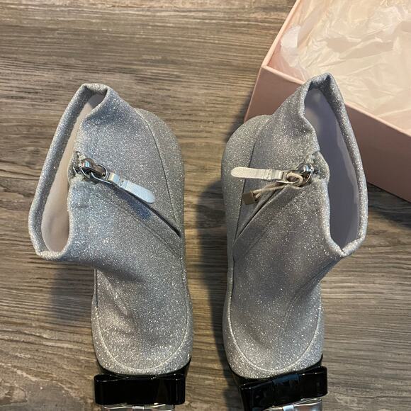 Sophia Webster Andie Bow Mid Heel Stretch Leather Glitter Fabric Ankle Booties - Picture 10 of 16